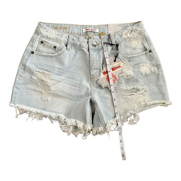 Hot Kiss Mid Rise Midi Ripped Distressed Stone Washed Denim Shorts SZ 10 BNWT - Picture 6 of 10